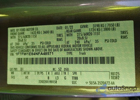 2022 Ford F-150 Lariat z USA, uszkodzony, nr VIN 1FTFW1E84NFA48571